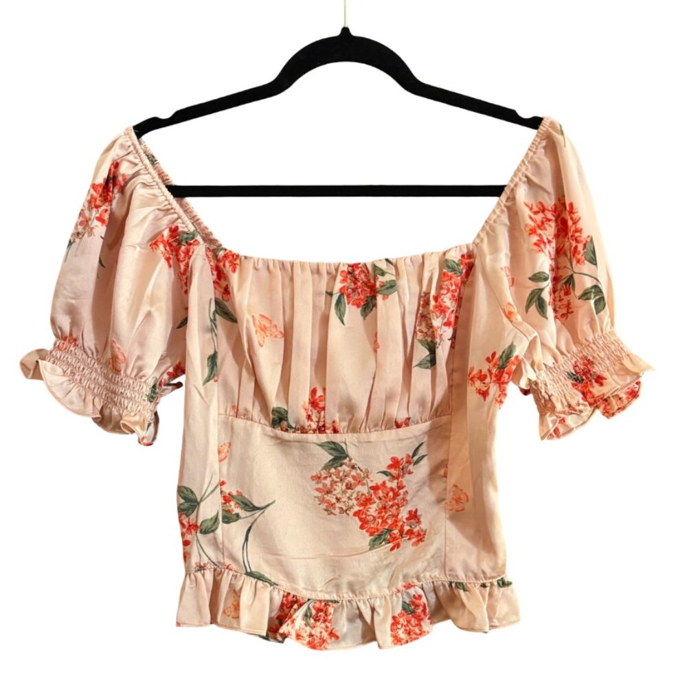 Sugarlips Women's Fitted Crop Top Pink Floral Puff Sleeve Feminine Size M